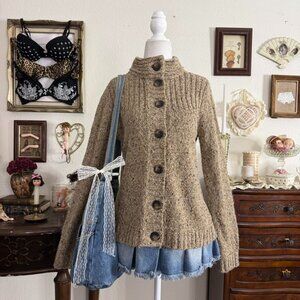 Twee girly grunge cozy tan high neck cardigan w chunky buttons
